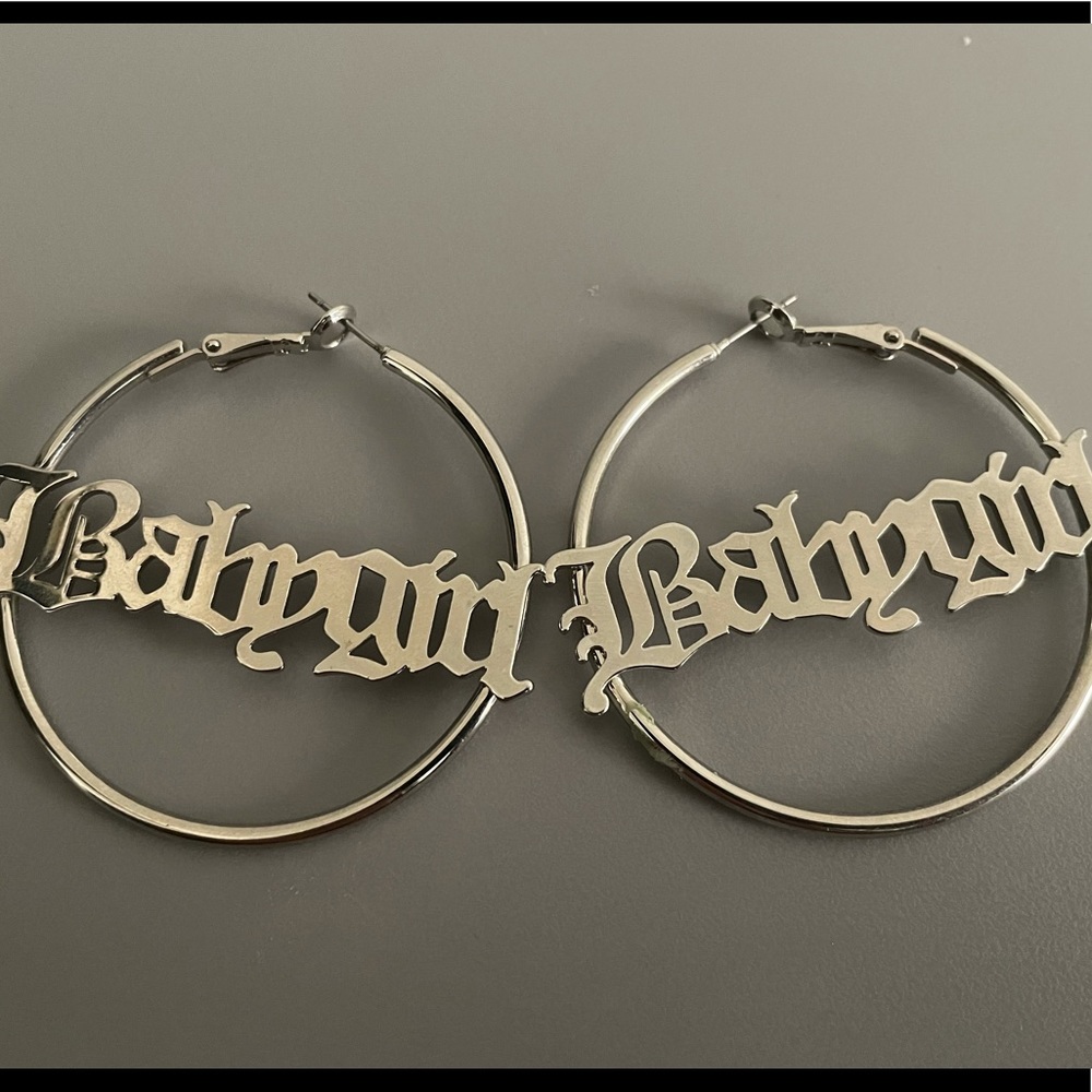 Women’s F21 silver lettering hoops